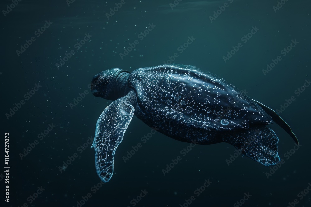 Fototapeta premium A majestic leatherback sea turtle glides gracefully through the deep ocean waters, showcasing its powerful flippers and unique shell patterns in a serene underwater environment