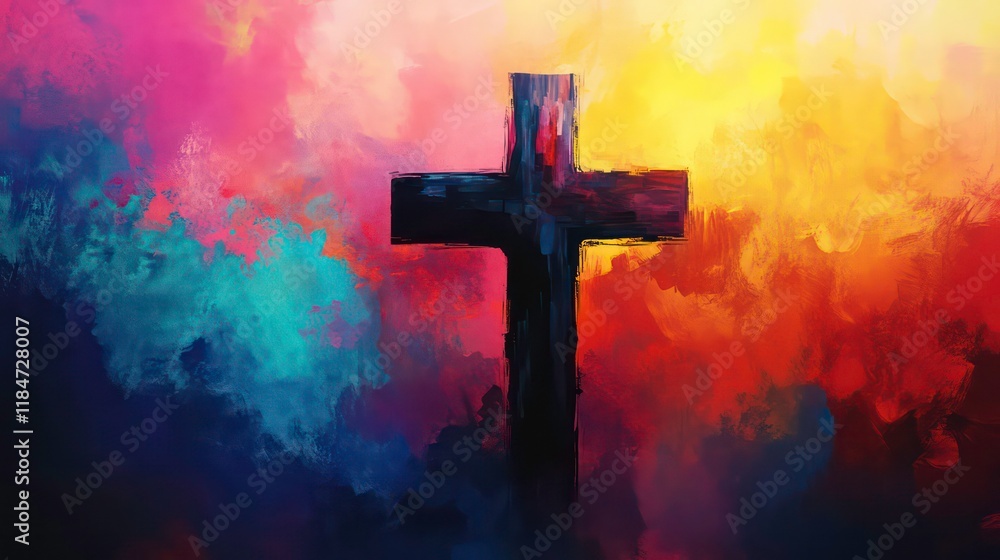 A dark wooden cross stands against a vibrant, colorful, painted sky. A dark wooden cross stands against a vibrant, colorful, painted sky.