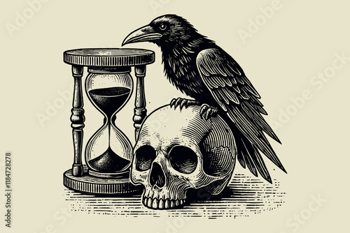 Vintage woodcut of a crow skull and hourglass in black and white