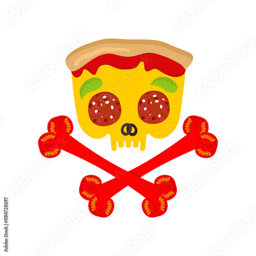 Skull pizza. Skeleton head pizza slice. Concept harmful fast food