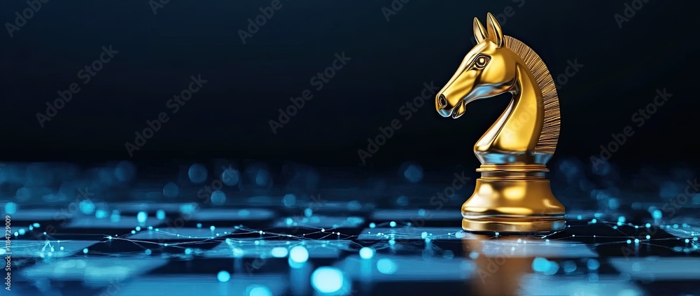 © Alexej - A detailed view of a golden chess knight on a checkerboard, representing strategy and intellect