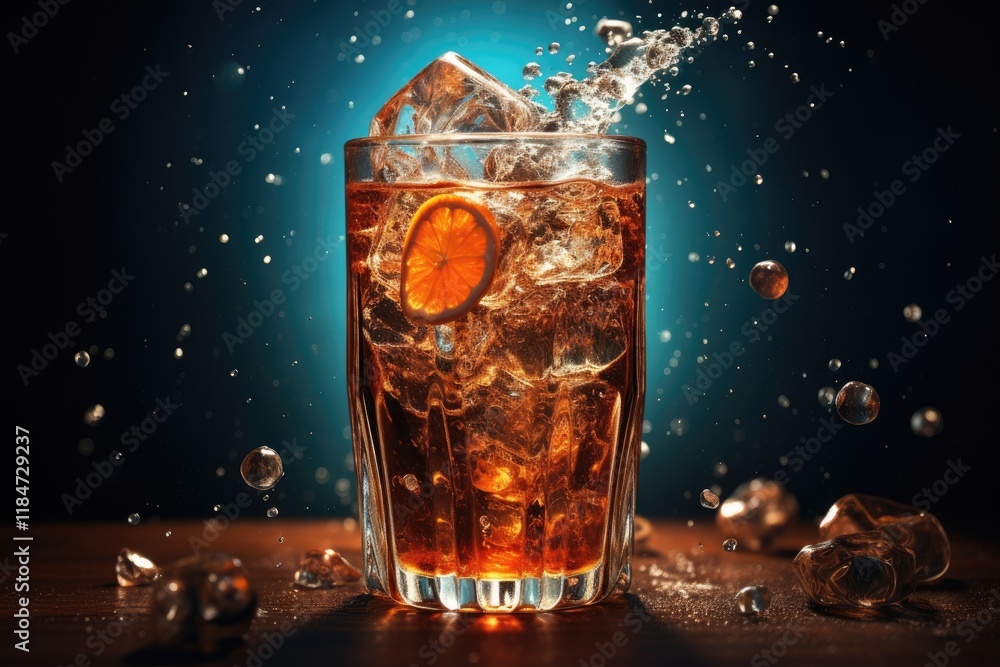 Refreshing soda with bubbles and ice cubes, garnished with a citrus slice, captured in a dynamic moment with droplets splashing against a soft blue background Refreshing soda with bubbles and ice cubes, garnished with a citrus slice, captured in a dynamic moment with droplets splashing against a soft blue background