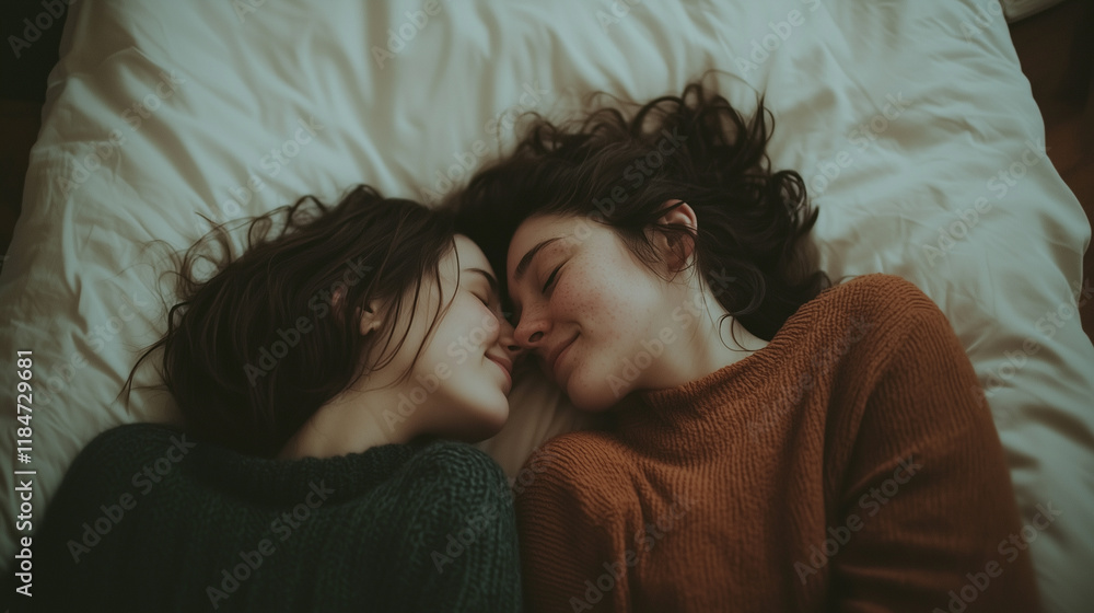 Two friends sharing a tender moment while lying closely together on a cozy bed in a warm, inviting room. Generative AI Two friends sharing a tender moment while lying closely together on a cozy bed in a warm, inviting room. Generative AI