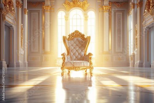 Golden throne chair in a luxurious palace interior with sunlight and light reflection on the marble floor,