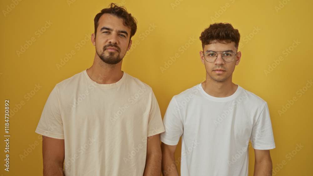 Father and son standing together against a yellow wall, showcasing family love and connection with expressions of pride and happiness Father and son standing together against a yellow wall, showcasing family love and connection with expressions of pride and happiness