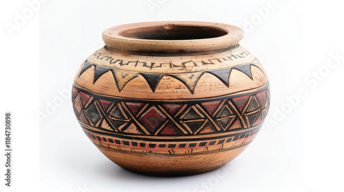 Handcrafted Clay Pot with Intricate Tribal Patterns and Earthy Tones on a White Background photo