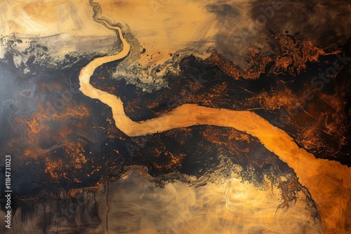 A river of molten gold and burnt sienna flows through an abstract landscape, capturing the essence of nature's beauty and warmth during a serene sunset photo