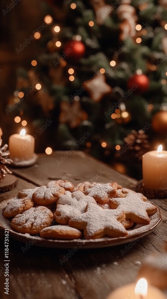 Fototapeta premium Christmas cookies with powdered sugar on a plate illuminating a cozy christmas scene
