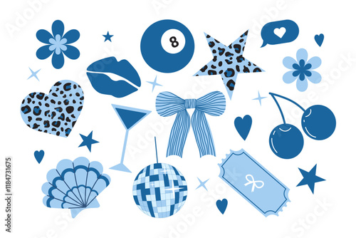 Elegant blue-themed vector sticker pack with celebration and romantic elements. Cartoon-style cute stickers for creative projects.