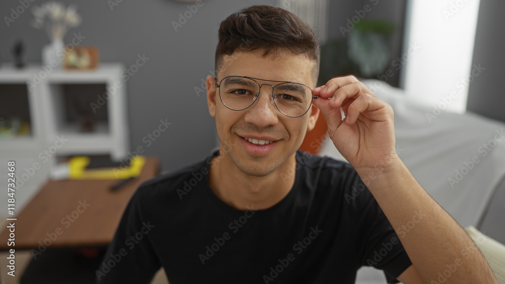 Young hispanic man adjusting glasses in a cozy living room setting, showcasing a relaxed and stylish indoor atmosphere. Young hispanic man adjusting glasses in a cozy living room setting, showcasing a relaxed and stylish indoor atmosphere.