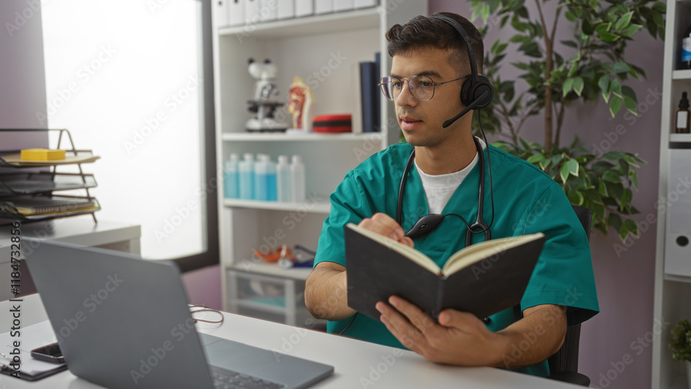 Young man in clinic wearing scrubs and headset takes notes at desk in professional hospital setting implying healthcare environment with focus on medical consultation Young man in clinic wearing scrubs and headset takes notes at desk in professional hospital setting implying healthcare environment with focus on medical consultation