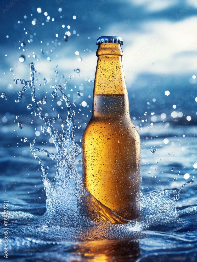A cold bottle of beer is splashed by water droplets, creating a refreshing scene. The sun shines brightly, highlighting the bottle against a blue sky and water surface A cold bottle of beer is splashed by water droplets, creating a refreshing scene. The sun shines brightly, highlighting the bottle against a blue sky and water surface