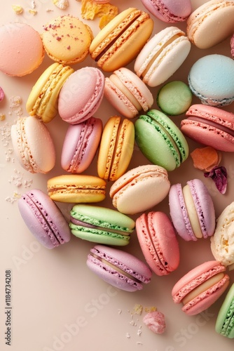 Whimsical pastel macarons arranged in a heart shape against a soft beige background