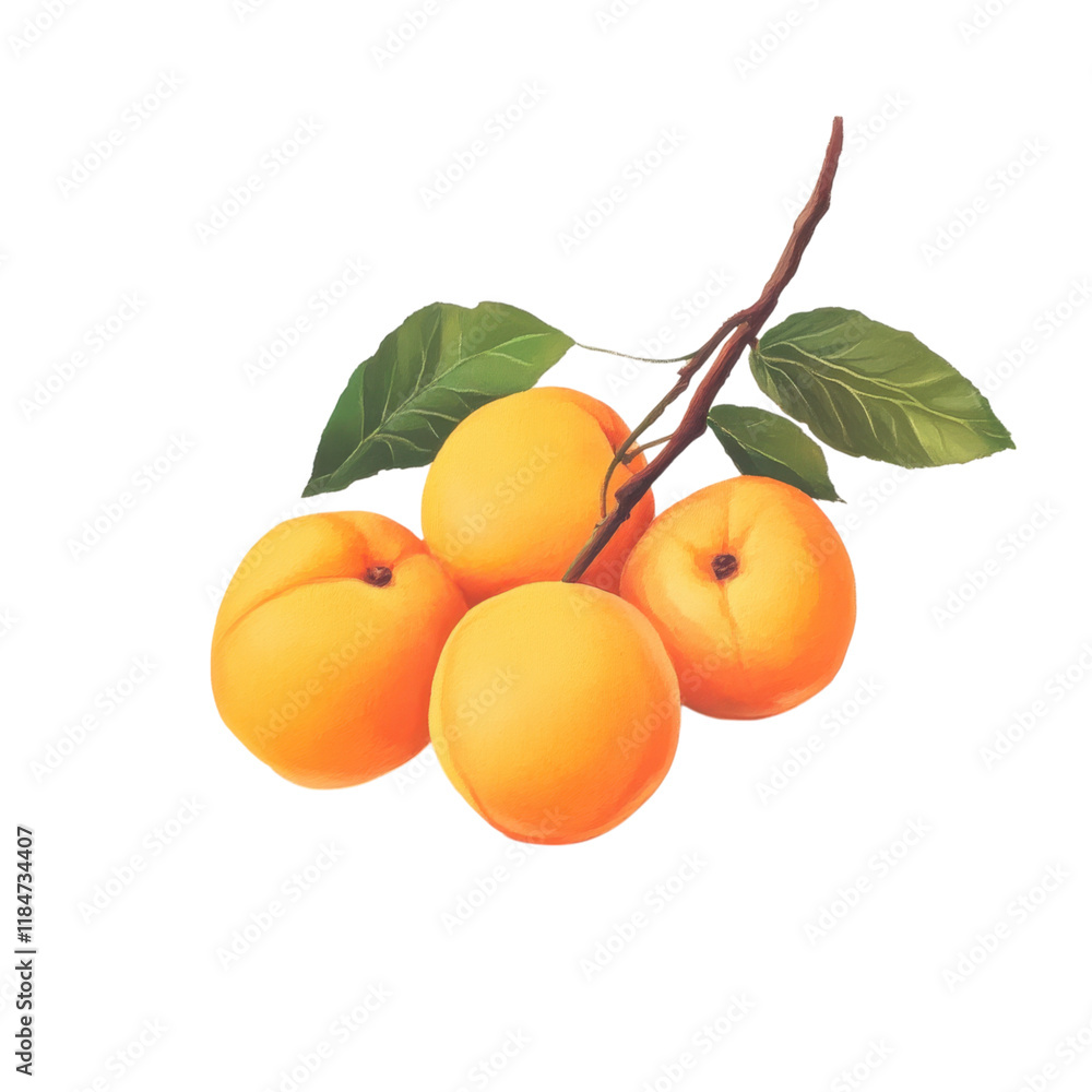 A Cluster of Ripe Apricots on a Branch with Lush Green Leaves: A Still Life of Summer's Bounty A Cluster of Ripe Apricots on a Branch with Lush Green Leaves: A Still Life of Summer's Bounty