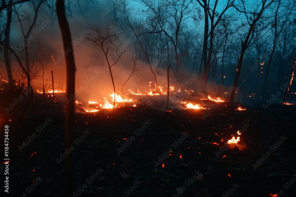 Flames intensify as a forest fire spreads through trees, casting an orange glow against the darkened surroundings and releasing thick smoke into the air Flames intensify as a forest fire spreads through trees, casting an orange glow against the darkened surroundings and releasing thick smoke into the air