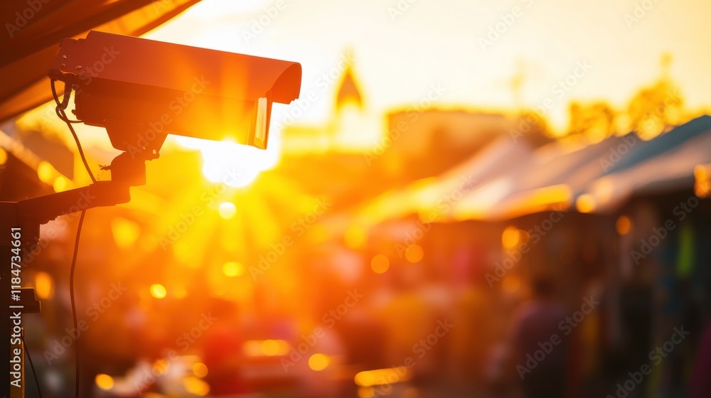 Fototapeta premium Surveillance Camera in a Crowded Outdoor Marketplace