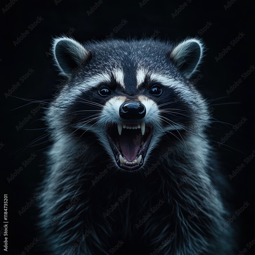 Aggressive raccoon shows teeth. anger. rage. on a dark monochromatic background Aggressive raccoon shows teeth. anger. rage. on a dark monochromatic background
