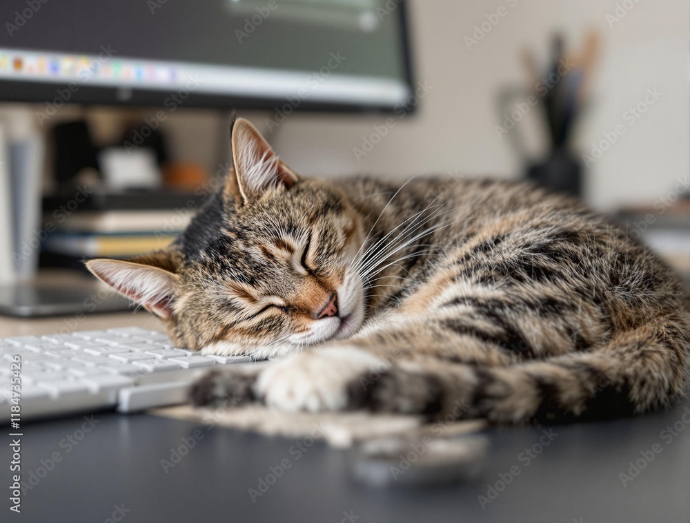 Office Cat Sleeping on Desk, office cat taking a nap on a desk, adding a touch of warmth and relaxation to the workplace environment. Perfect for office, pet-friendly workspace, and relaxation themes Office Cat Sleeping on Desk, office cat taking a nap on a desk, adding a touch of warmth and relaxation to the workplace environment. Perfect for office, pet-friendly workspace, and relaxation themes