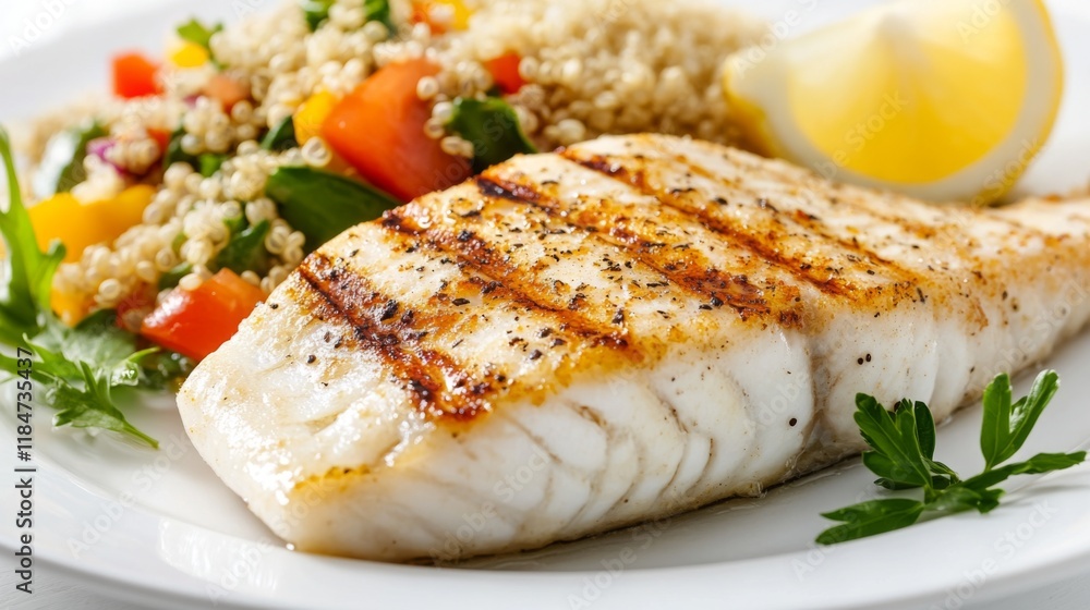 A high-resolution image of a deliciously grilled fish steak with crispy skin, served with a side of quinoa salad and a wedge of lemon on a white plate. A high-resolution image of a deliciously grilled fish steak with crispy skin, served with a side of quinoa salad and a wedge of lemon on a white plate.