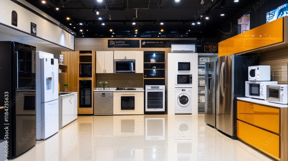 A high-resolution image of a home appliance showroom with various products on display, including air conditioners, microwaves, and refrigerators, emphasizing variety and choice. A high-resolution image of a home appliance showroom with various products on display, including air conditioners, microwaves, and refrigerators, emphasizing variety and choice.