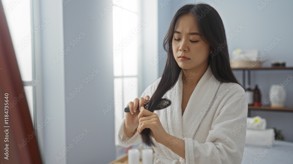 Obraz premium Woman brushing hair in spa room wearing white bathrobe