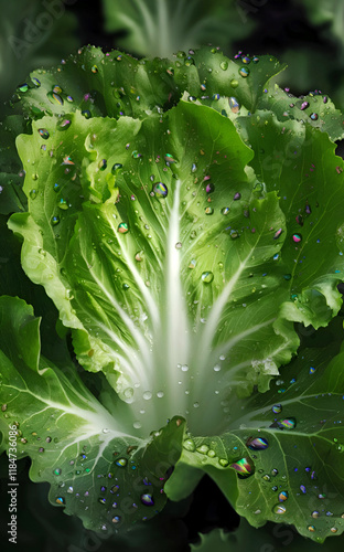 ripe green lettuce with drops. close up. digital artwork. Ai generated.
