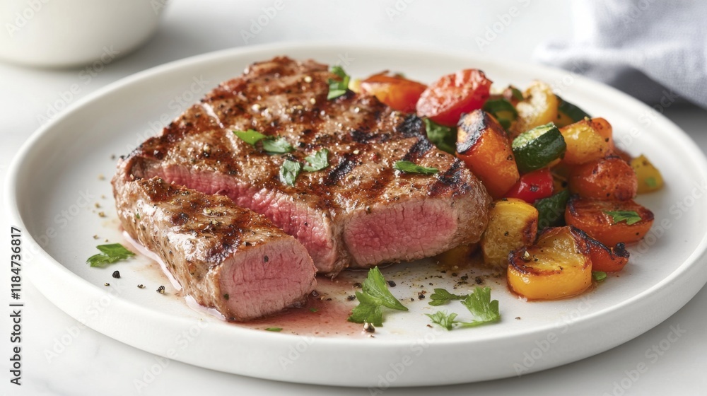 A high-resolution image of a perfectly grilled pork steak with a juicy center, garnished with fresh herbs and served with roasted vegetables on a white plate. A high-resolution image of a perfectly grilled pork steak with a juicy center, garnished with fresh herbs and served with roasted vegetables on a white plate.