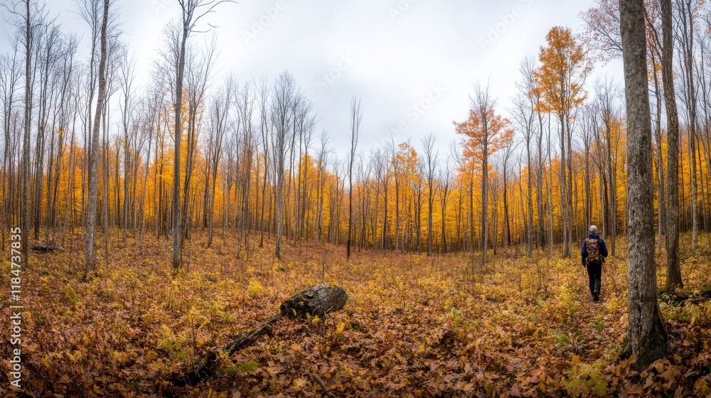 Fototapeta premium A tourist walks through a colorful autumn forest, enjoying the crunch of fallen leaves, surrounded by warm hues of orange and yellow in a peaceful atmosphere