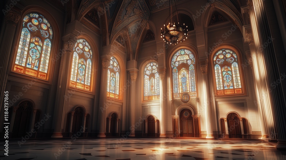 Obraz premium A Large Room With Many Stained Glass Windows and a Chandelier - Generative AI