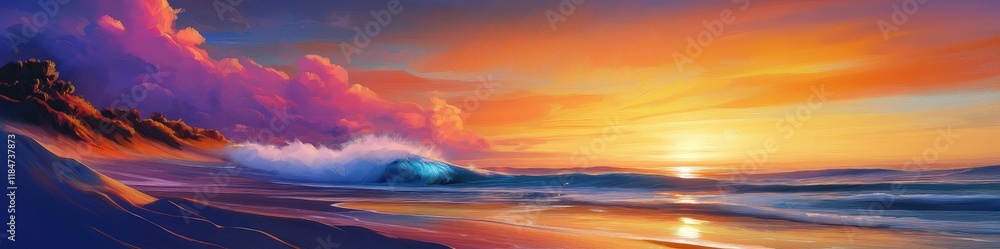 Obraz premium Sunset Ocean Dream: Vibrant digital painting of a breathtaking sunset over a dramatic ocean wave, showcasing surreal colors and textures. A captivating scene of tranquility and wonder. 