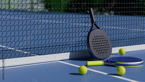 Padel tennis equipment rests on a blue court, ready for play on a sunny day. 3d rendering