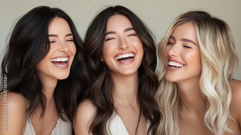 Three diverse friends sharing genuine laughter during beauty photoshoot, expressing pure joy and authentic emotions in natural makeup and white tops against neutral background. Three diverse friends sharing genuine laughter during beauty photoshoot, expressing pure joy and authentic emotions in natural makeup and white tops against neutral background.
