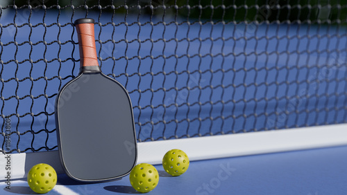 A pickleball paddle and balls are positioned near a net on a blue court, ready for play. 3d rendering