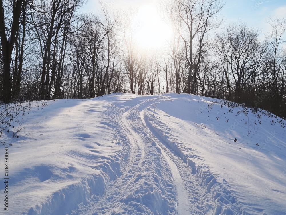 Snowy Path Through Winter Woods Sunlight