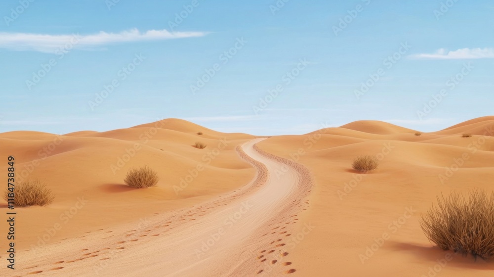 A winding trail through a vast desert, with golden sand dunes stretching into the horizon A winding trail through a vast desert, with golden sand dunes stretching into the horizon