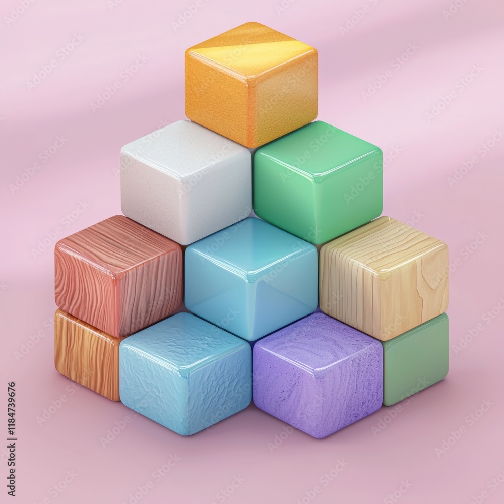 Fototapeta premium An isometric view of colorful 3D cubes stacked unevenly, each with unique textures like glass