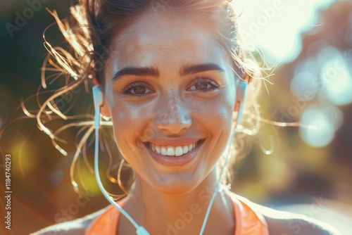 Portrait of a cheerful woman in workout gear enjoying music through earphones while jogging outdoors during her exercise routine photo