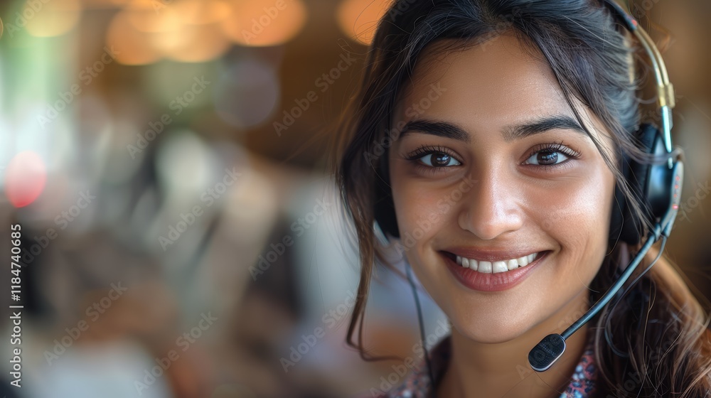 Portrait of a cheerful woman in a call center using a headset for customer support, representing a friendly virtual assistant engaged in online communication Portrait of a cheerful woman in a call center using a headset for customer support, representing a friendly virtual assistant engaged in online communication