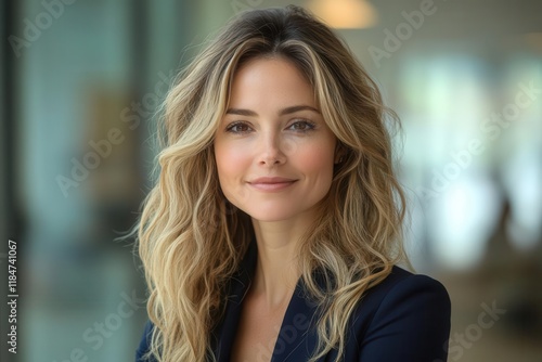 Wallpaper Mural professional woman executive portrait confident female leader in designer navy blue structured blazer with flowing wavy hair in modern corporate office Torontodigital.ca
