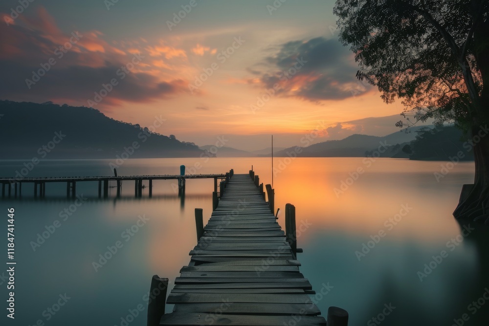 Obraz premium A serene sunset over the tranquil lake in Thailand showcasing a wooden pier stretching into the calm water, surrounded by lush hills and reflecting vibrant colors in the sky