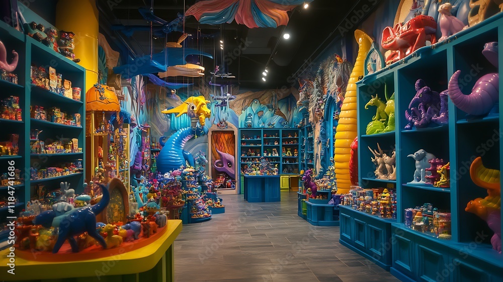 Fototapeta premium Fantasy-themed toy store with colorful displays and magical creatures