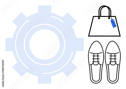 Shopping bag with price tag, pair of shoes beside a large gear. Ideal for e-commerce, retail, fashion industry, shopping, commerce, marketing strategies technology in retail. Semantically structures