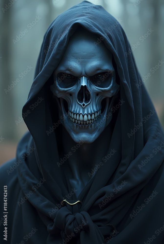 Skull face in black robe in fantasy art style Skull face in black robe in fantasy art style