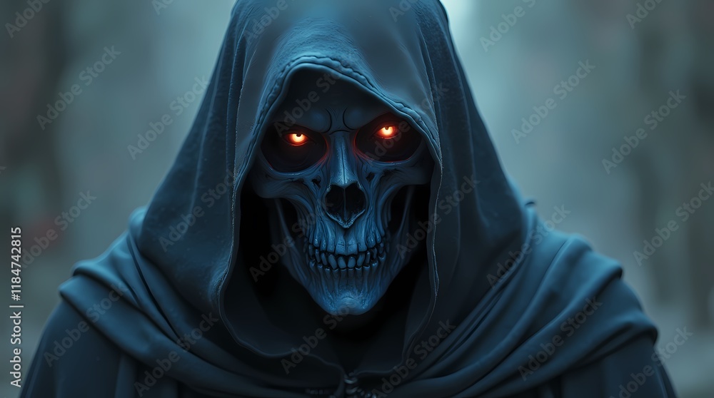 Skull face in black robe in fantasy art style Skull face in black robe in fantasy art style