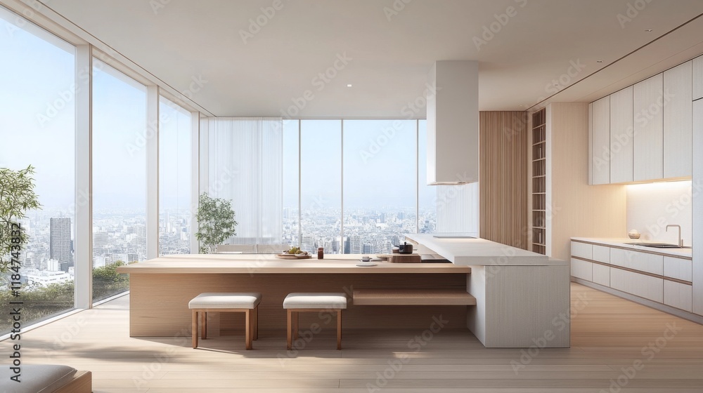 Fototapeta premium A modern Japanese home blending traditional and contemporary elements, showcasing large windows, a minimalist interior, and natural materials for a harmonious feel.