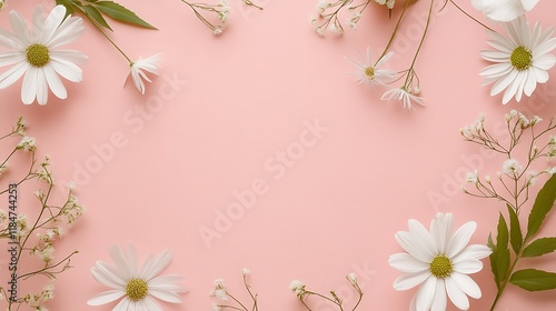 White Daisies and Baby Breath Flowers on Pink Background photo