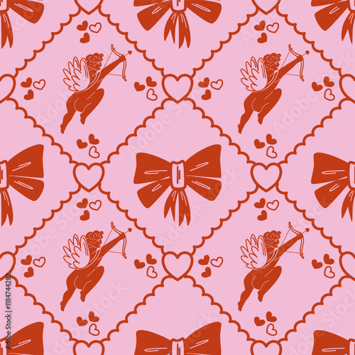 Seamless vintage pink pattern with cupids, hearts and bows. An angel with wings, a bow and arrows.