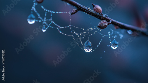 Beautiful raindrops on spider's web trapped on a branch. drops of dew on spider web and tree branches with natural sun light shining through
