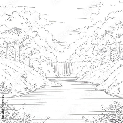 nature coloring page landscape with trees