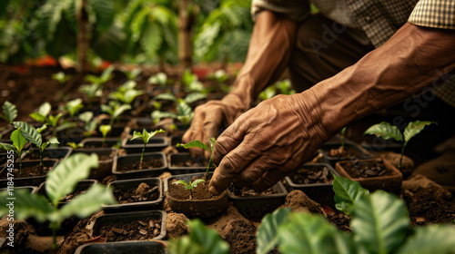 Close-Up of Farmer's Hands Planting Seedlings in a Greenhouse, Showcasing Sustainable Agriculture and Organic Farming Practices